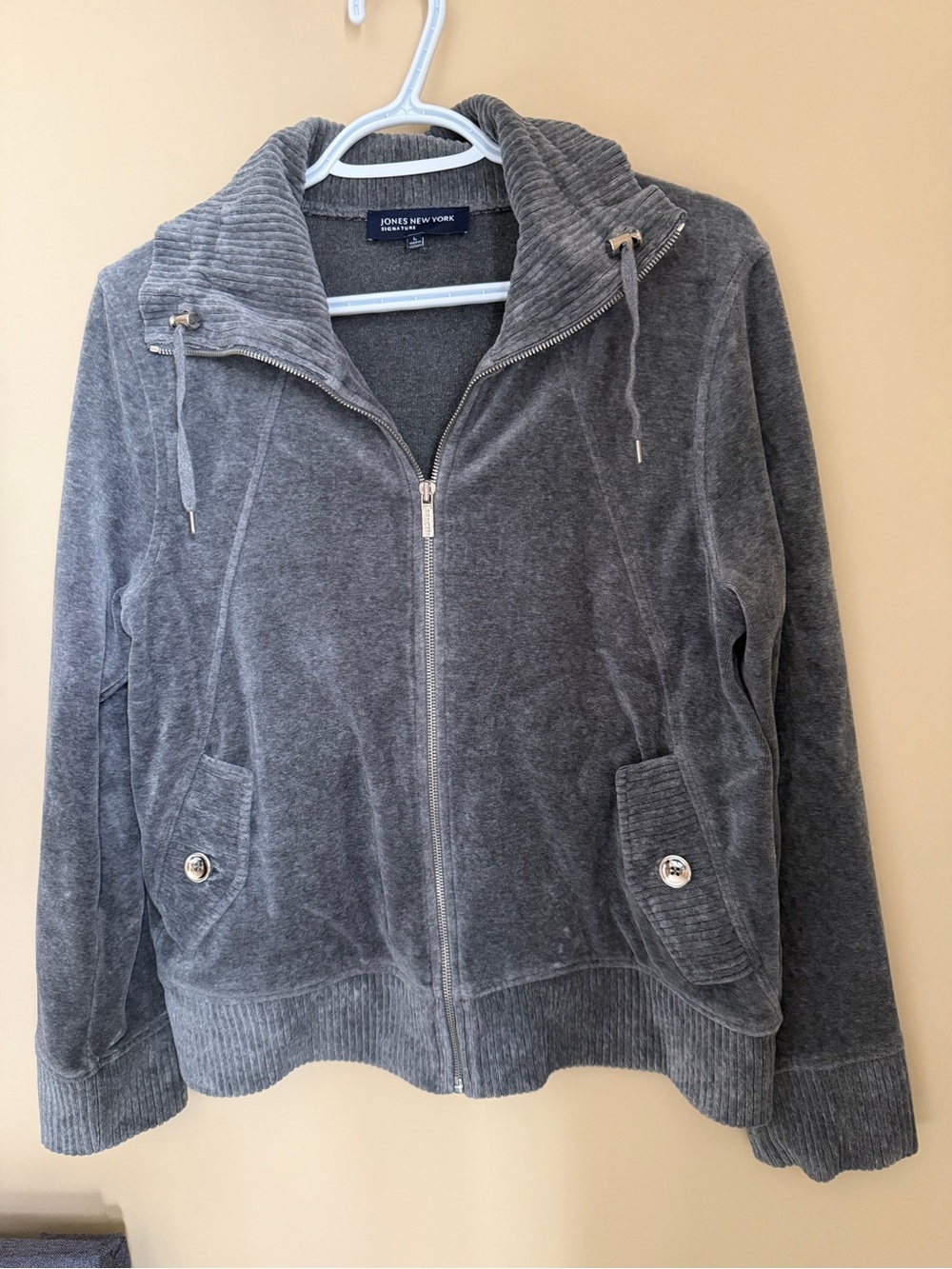 Jones New York Signature Gray Velour Zip Up Jacket Women’s Large Cozy